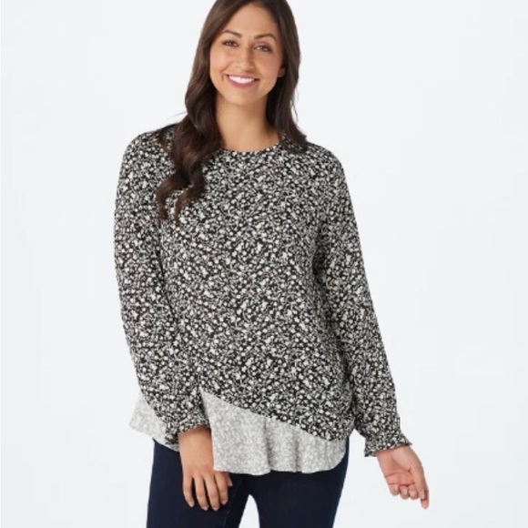 LOGO by Lori Goldstein Floral Long Sleeve Blouse Top Contrasting Panels 2X - Picture 6 of 7